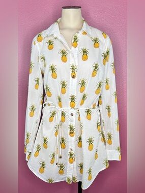 Tory Burch Tunic Cover Up Beach Shirt White With Pineapple Print 100% Cotton